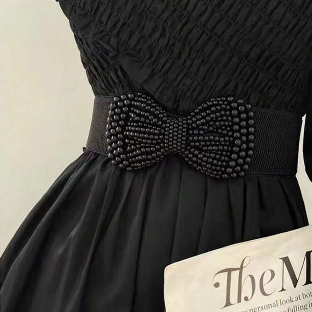 Black Pearl Beaded Bow Waist Belt Dress